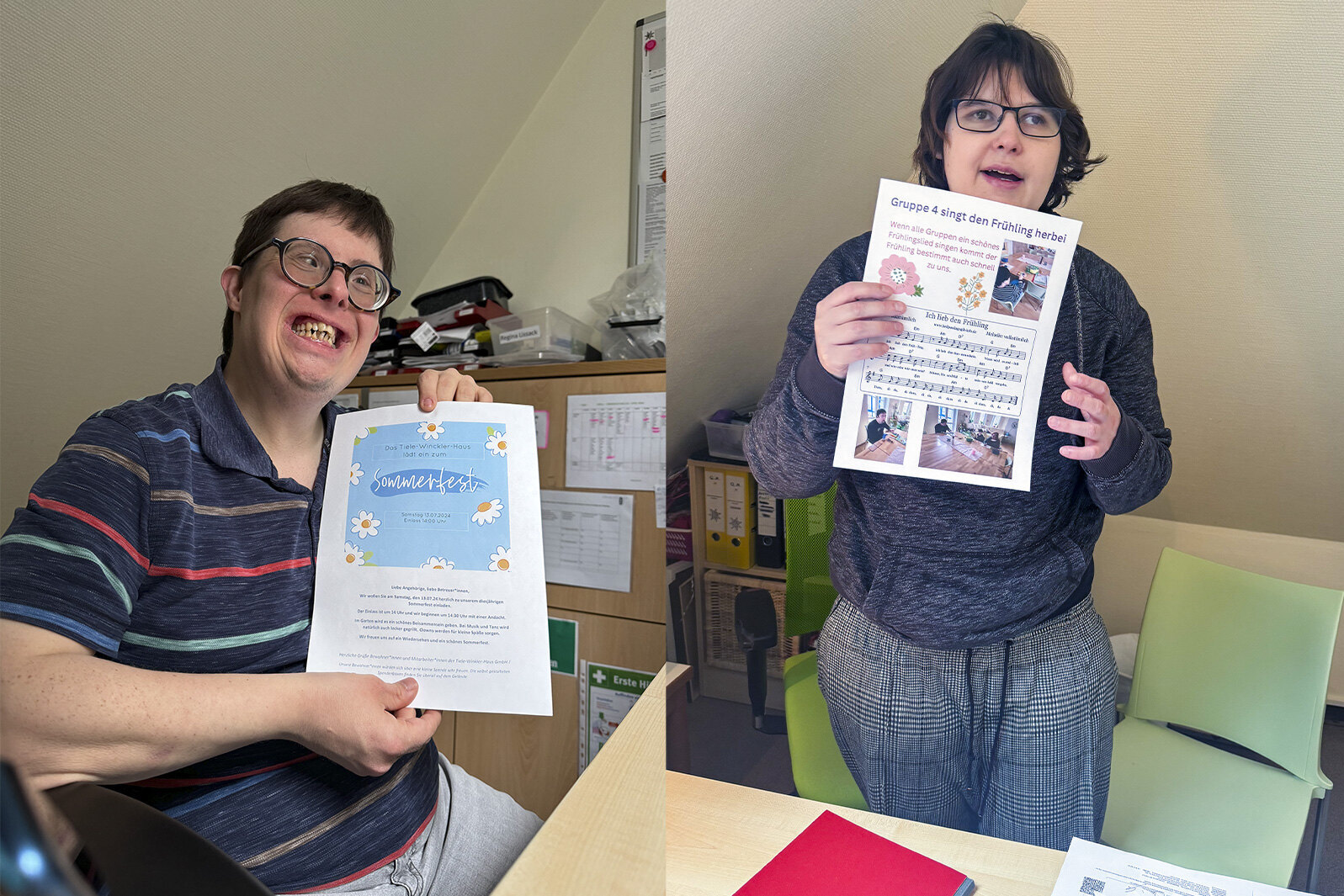 Stolz zeigen zwei Mitglieder des Redaktionsteams fertiggestelle Seiten