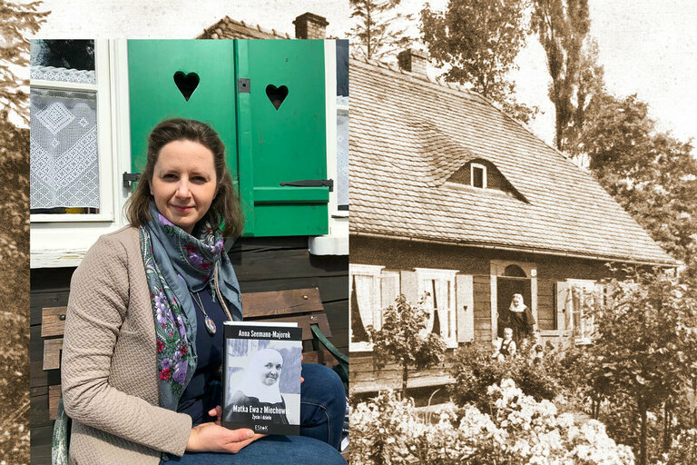 Anna Seemann-Majorek mit ihrem Buch vor Mutter Evas Häuschen, im Hintergrund eine historische Aufnahme 