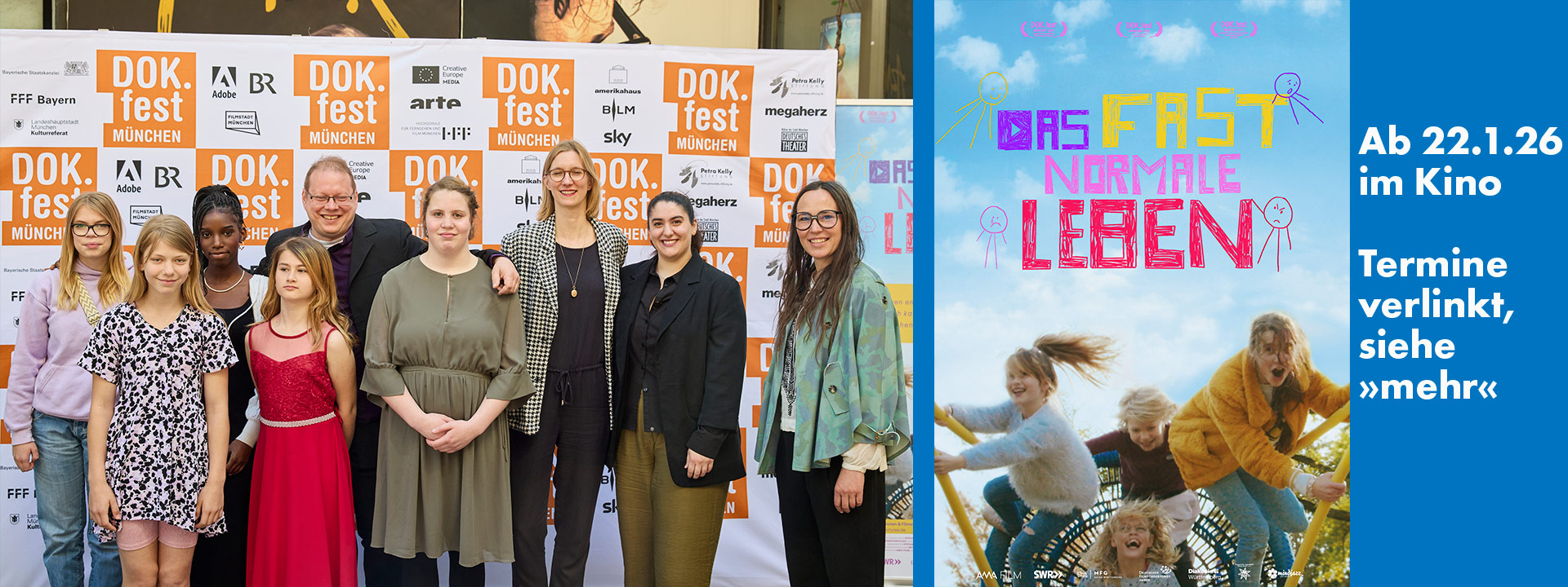 Filmteam und Protagonistinnen und Filmplakat